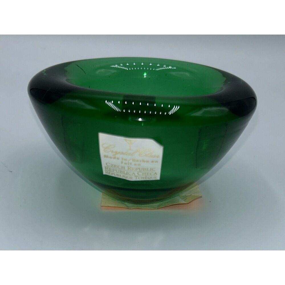 Vintage Crystal Clear Czech Republic handmade Green Thick Glass Votive Bowl New